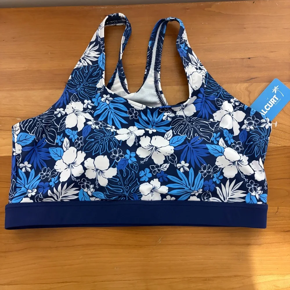 Halcurt Womens Blue White Tropical Floral Racerback Tankini Swim Top XL NWT